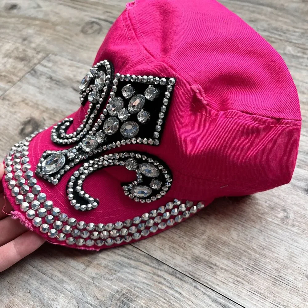Y2K Hot Pink Rhinestone Fleur De Lis Cap Bling Studded Hat Adjustable Vintage